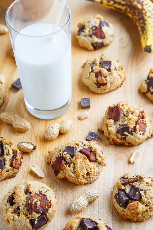 Soft and chewy banana peanut butter cookies with chocolate chunks and bacon