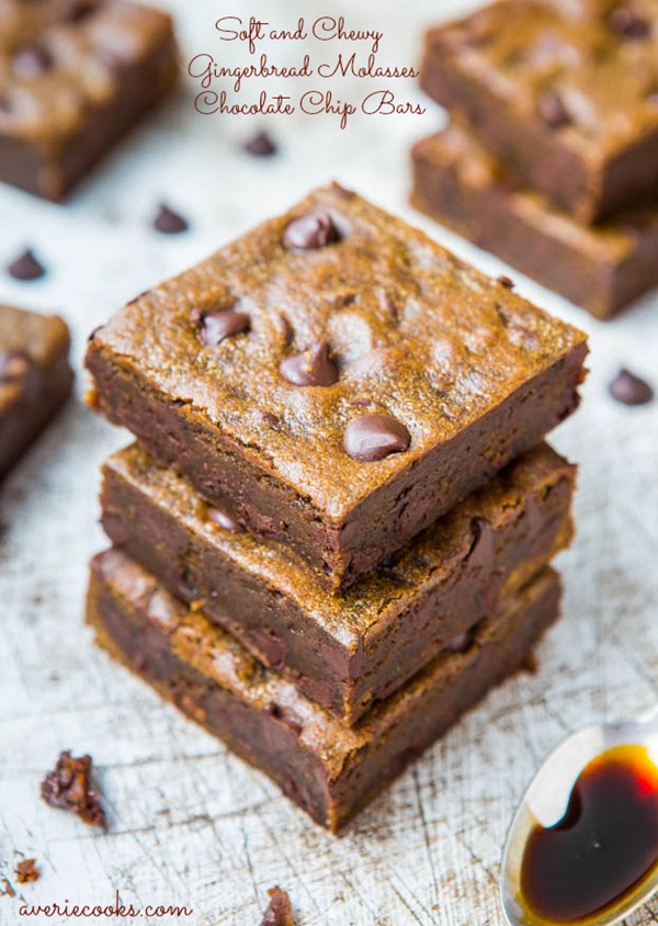 Soft and chewy gingerbread molasses chocolate chip bars