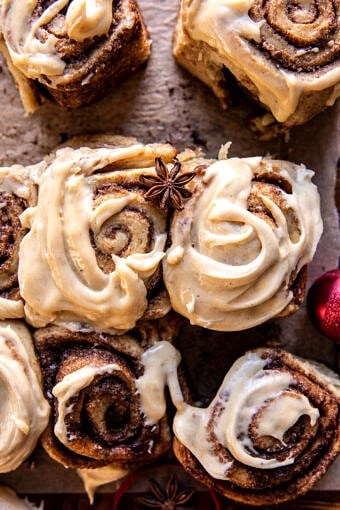 Soft and fluffy Christmas cinnamon rolls with caramel cream cheese icing