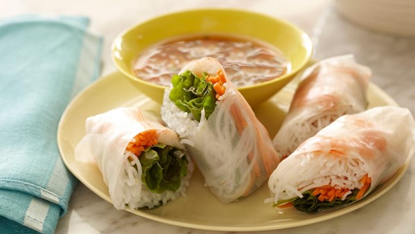 Soft Asian summer rolls with sweet savory dipping sauce
