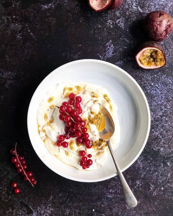 Soft berry fruits in passion fruit fromage frais