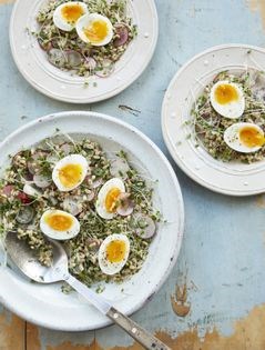 Soft-boiled egg and barley salad