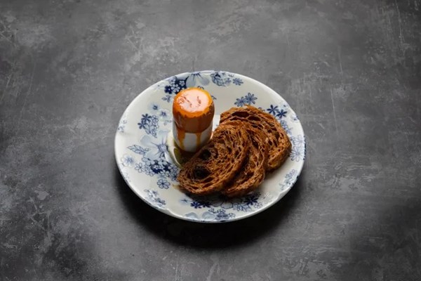 Soft boiled egg, vanilla custard, crispy pain au chocolat