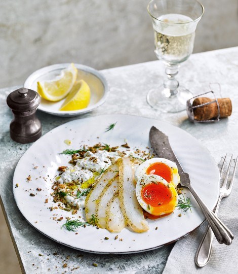 Soft-boiled eggs, dill sauce and smoked halibut with toasted fennel crumb