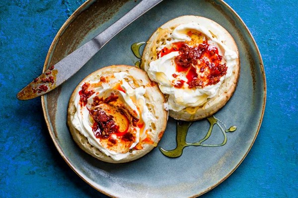 Soft cheese, honey and harissa crumpets