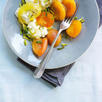 Soft cheese with apricots, orange blossom honey and pistachios