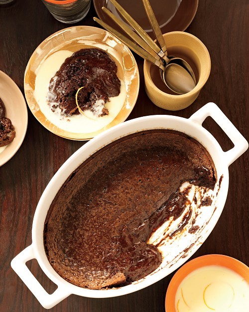 Soft chocolate cake with orange crème Anglaise