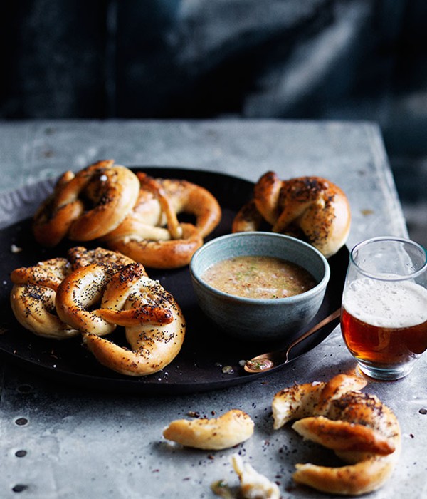 Soft garlic and poppyseed pretzels with wholegrain beer mustard
