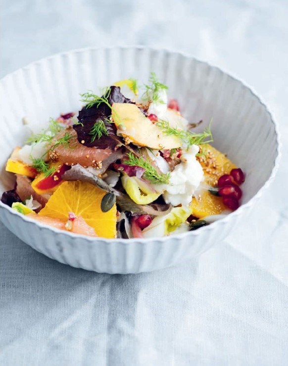 Soft goat cheese with peach, orange and pink grapefruit salad and toasted quinoa