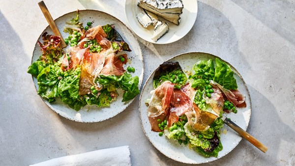 Soft lettuces with prosciutto, peas, and poppy seeds