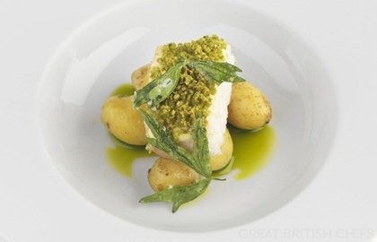 Soft lovage crusted brill with new potatoes