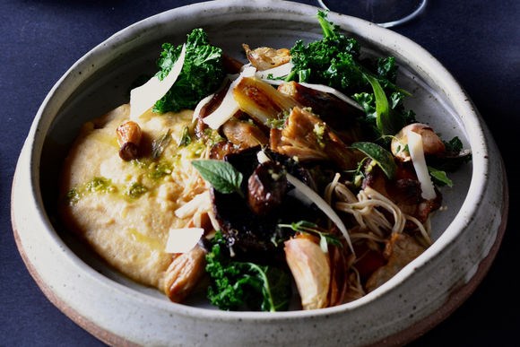 Soft polenta with mushrooms, kale, shallots and nut brown butter