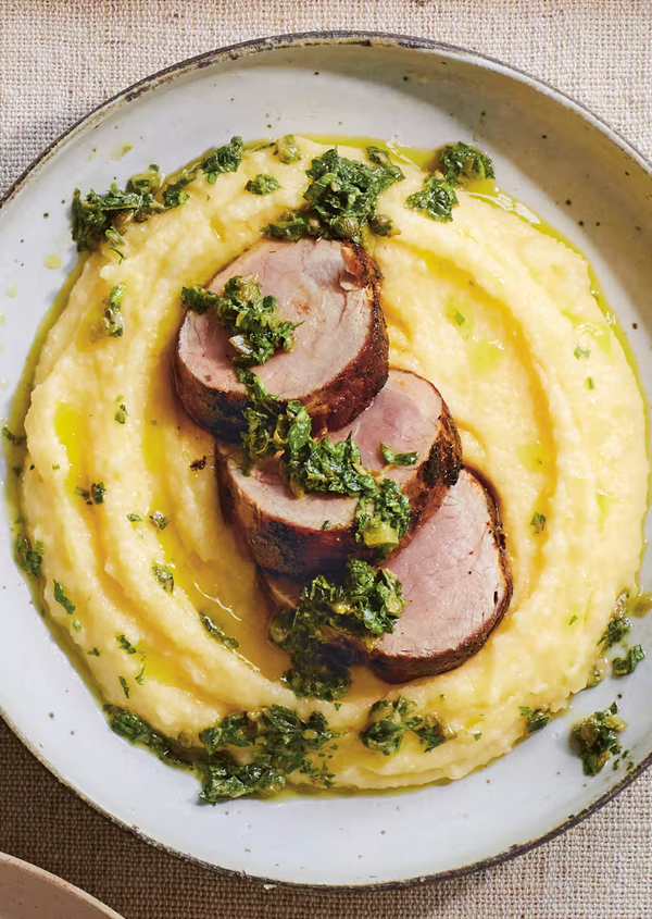 Soft polenta with pork fillet and salsa verde (Conor Gadd)