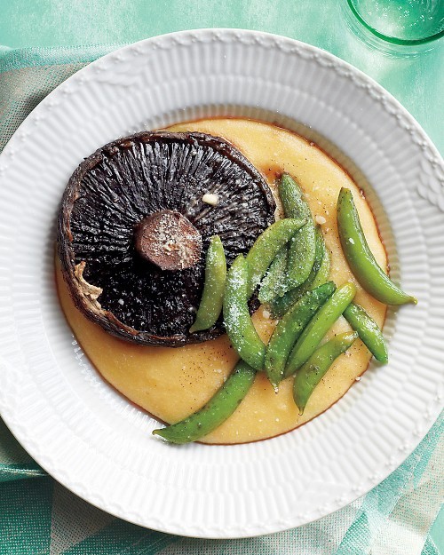 Soft polenta with roasted portobellos and snap peas