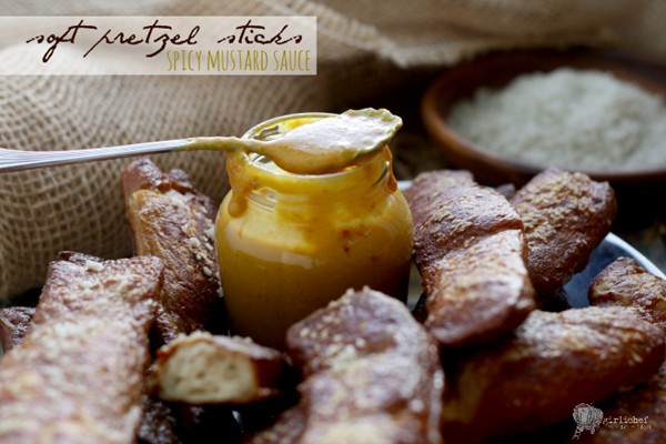 Soft pretzel sticks with spicy mustard sauce