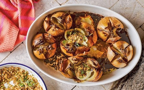 Soft roast onions with fennel and chilli breadcrumbs