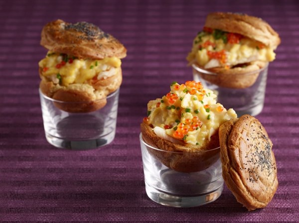 Soft scrambled stuffed gougères with smoked trout