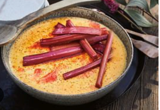 Soft-set baked custard with roasted whisky rhubarb