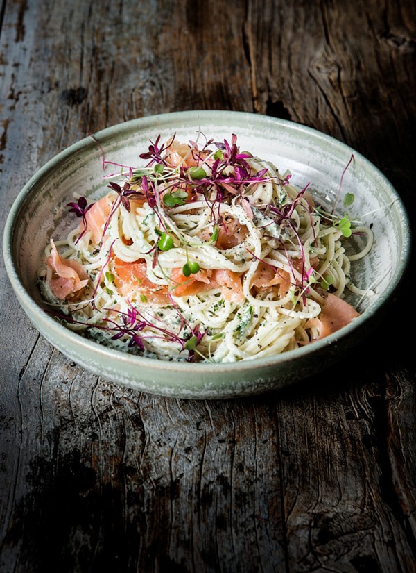 Soft sheep’s cheese, smoked salmon, baby pea and mint pasta