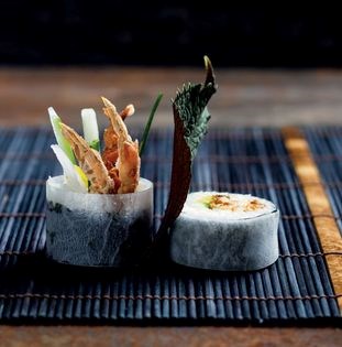Soft-shell crab and kimchi futo maki roll