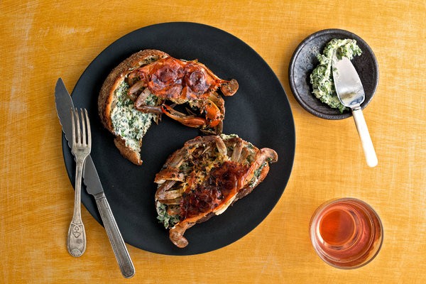 Soft-shell crab crostini with arugula butter