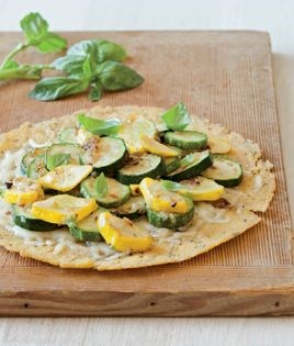 Soft socca with summer squash, basil, and Gruyère