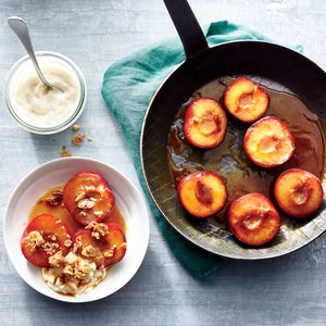 Softened plums with vanilla yogurt