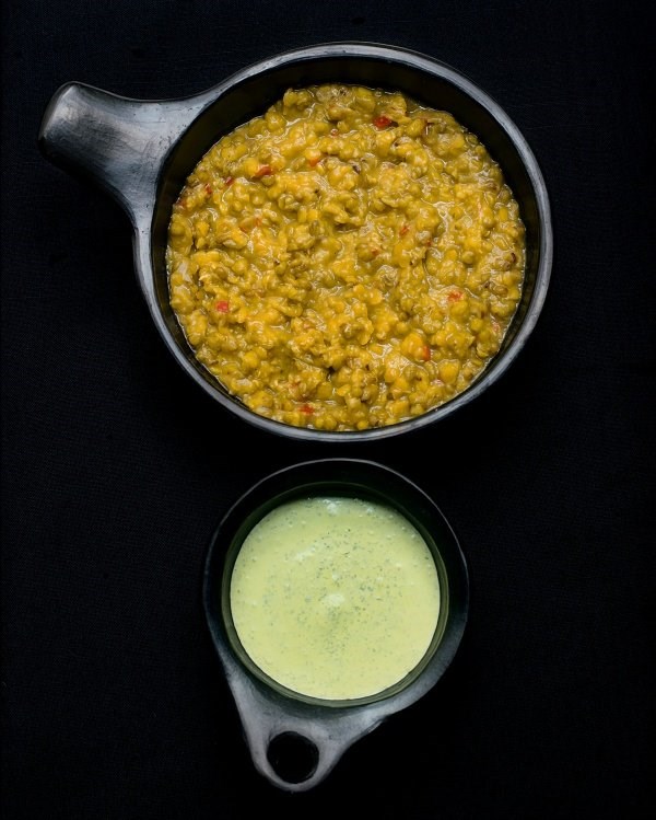 Softly spiced mung beans with mint and coriander yogurt