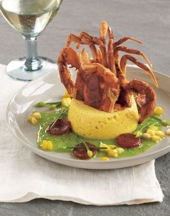 Softshell crab with a sweet corn custard, Chinese sausage, and garlic chives
