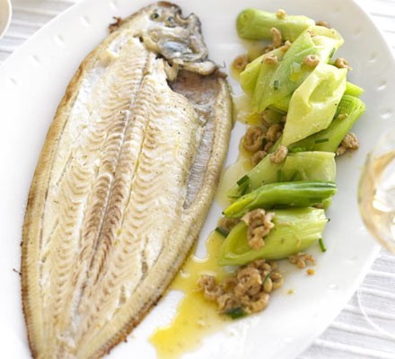 Sole with buttered leeks and shrimps