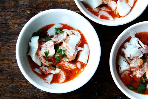 Somen noodles and haddock in lemongrass-carrot broth