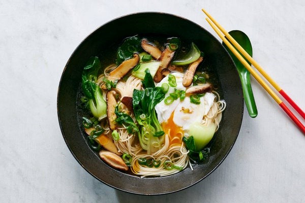 Somen noodles with poached egg, bok choy and mushrooms 