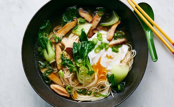 Somen noodles with poached egg, bok choy and mushrooms [Sue Li]