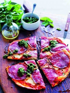 Sopressa and pesto pizza