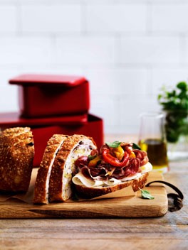 Sopressa, coppa, provolone and peperonata on olive bread