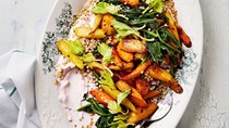 Sorghum salad with carrots and dandelion greens
