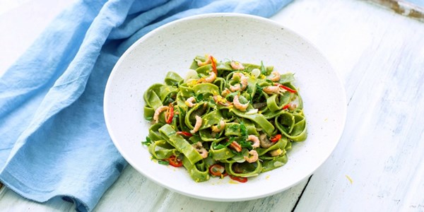 Sorrel fettuccine with brown shrimp sauce