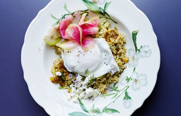 Sorrel rice bowls with poached eggs