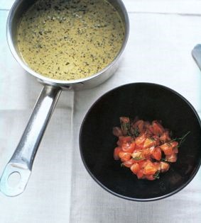 Sorrel soup on salmon & dill tartare with preserved lemons