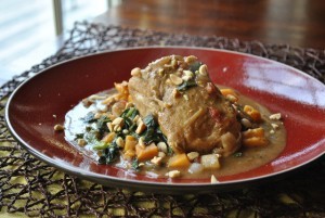 Sort of African chicken stew with sweet potatoes and collards