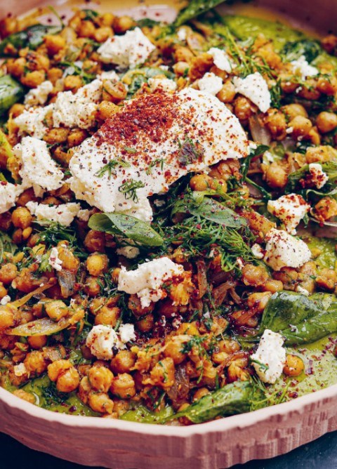 Sorta crispy chickpeas, green goddess and feta