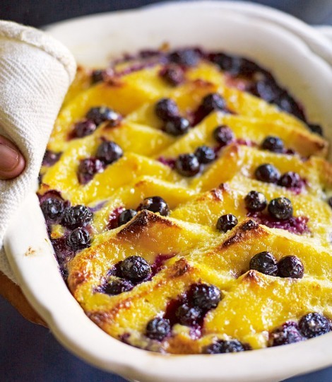 Souffléd blueberry, lemon curd and brioche bread-and-butter pudding