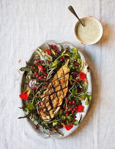 Souk salad with spiced aubergines and pistachio yoghurt
