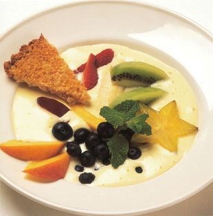 Soup of fruits with muscat sabayon and coconut shortbreads 
