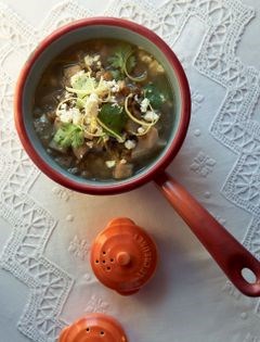 Soup with lentils, lemon, cilantro & feta