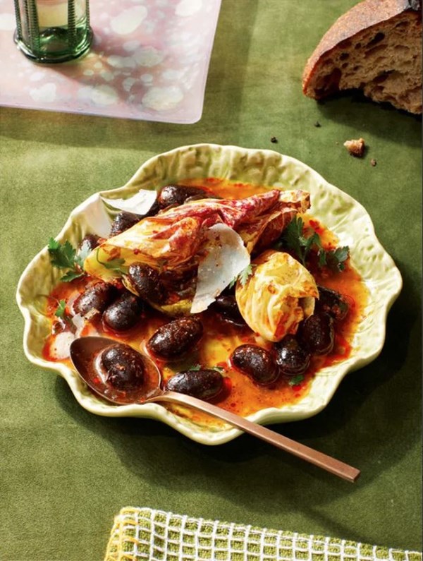 Soupy beans with ‘nduja and torn radicchio