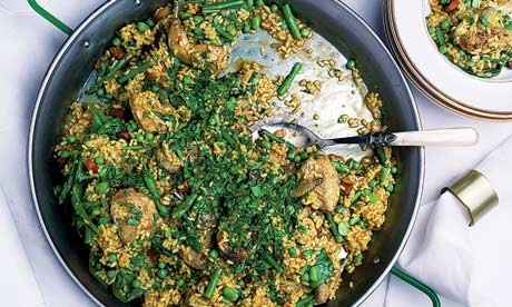 Soupy rice with quail, chorizo and spring vegetables