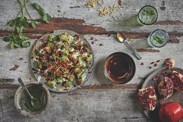 Sour & spicy potatoes (Alu chaat) [coriander peanut chutney, ginger & chile chutney]