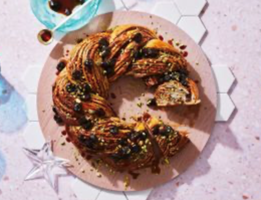 Sour cherry, raspberry and pistachio babka wreath