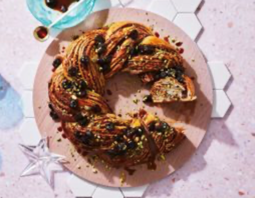 Sour cherry, raspberry and pistachio babka wreath
